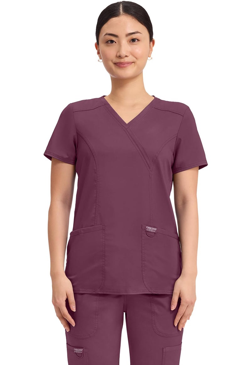 Cherokee Scrubs Top for Women Mock Wrap with 3 Pockets, Soft, 2-Way Stretch & Durable Fabric - WW610, M, Wine - Image 1